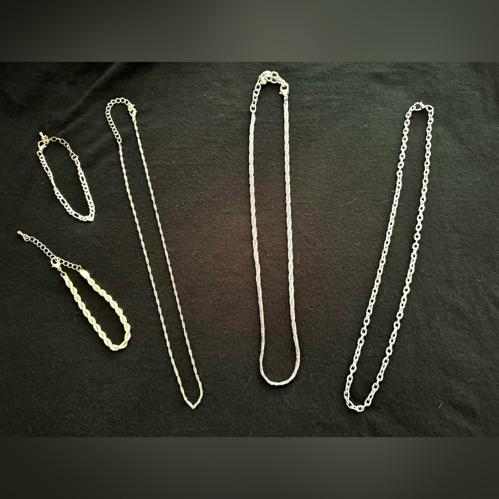 Lot of 5 Silver & Gold Tone Chains & Bracelets Unisex Jewelry Bundle